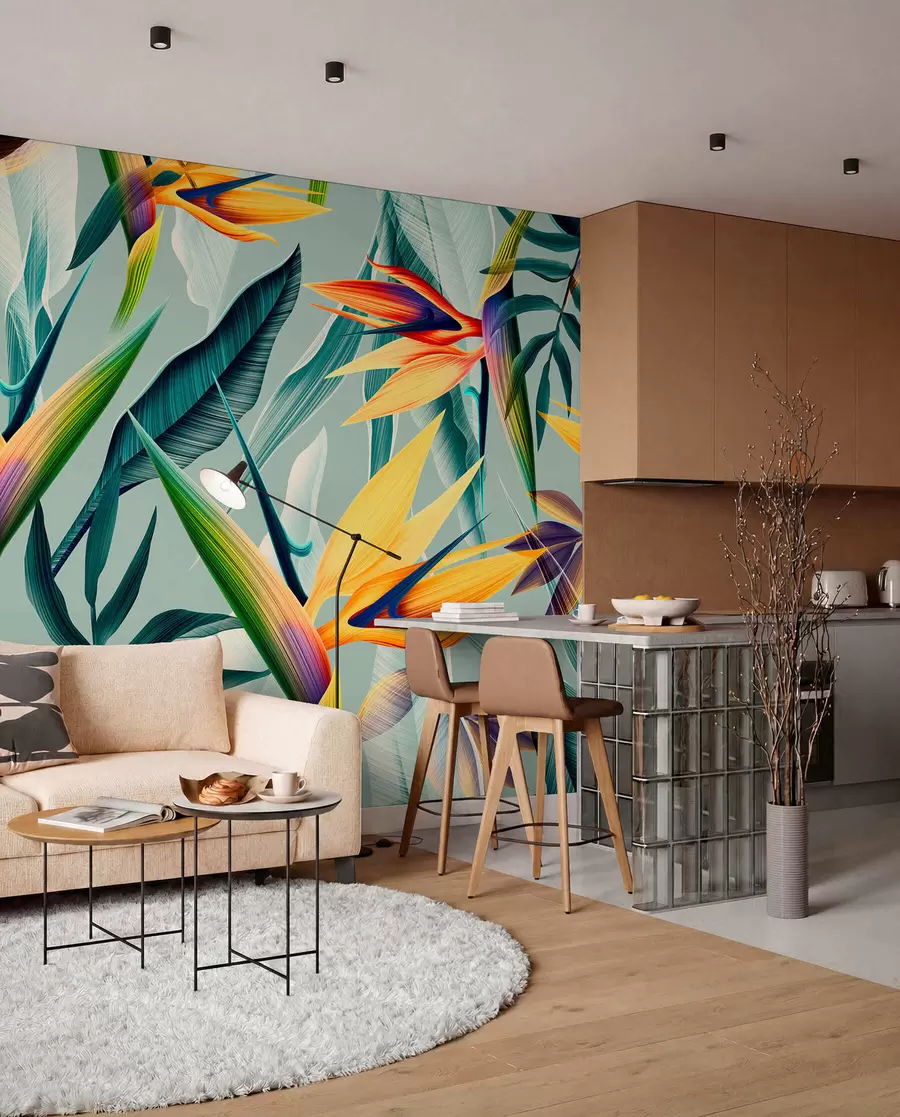 Fotobehang Trendy tropische planten en bladeren in felle kleuren u73960