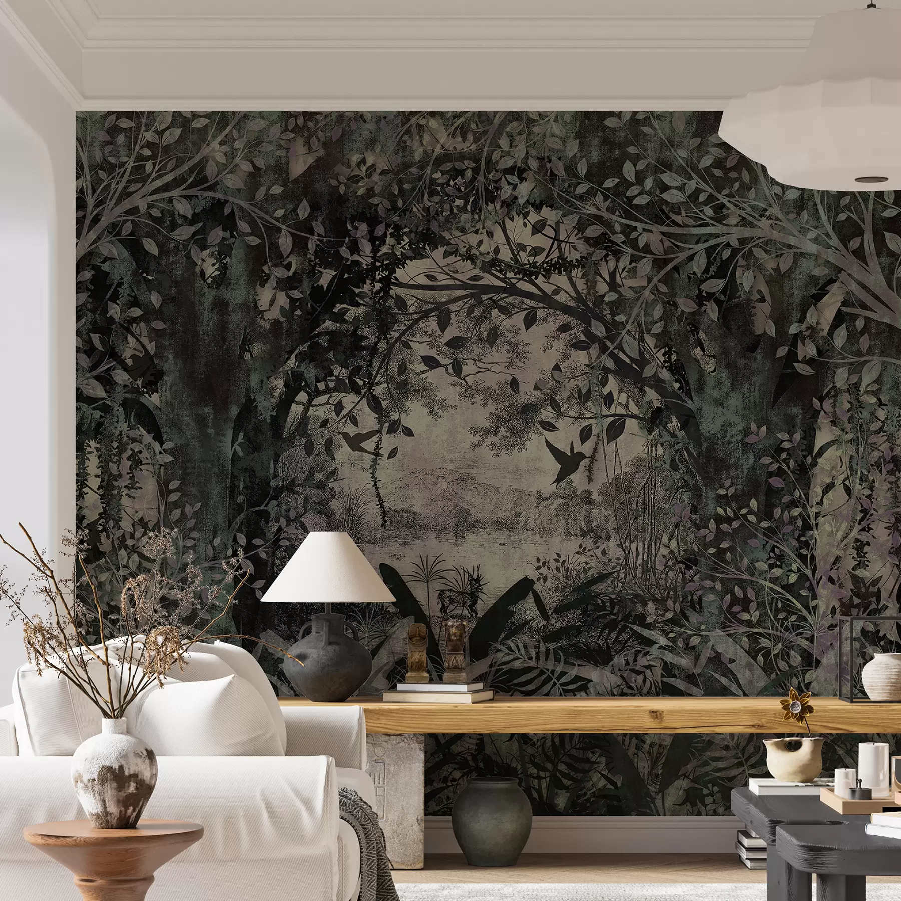 Fotobehang Landschap in klassieke oude stijl, versierd met eeuwenoud bos u93600