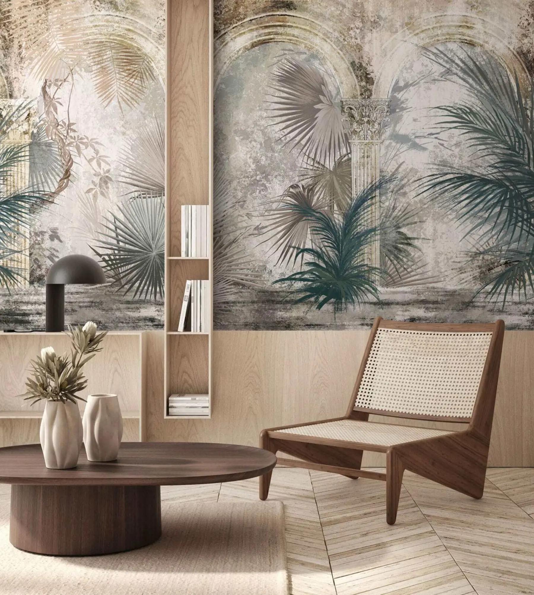 Fotobehang Tussen de zuilen staan tropische, exotische planten en bladeren u78667