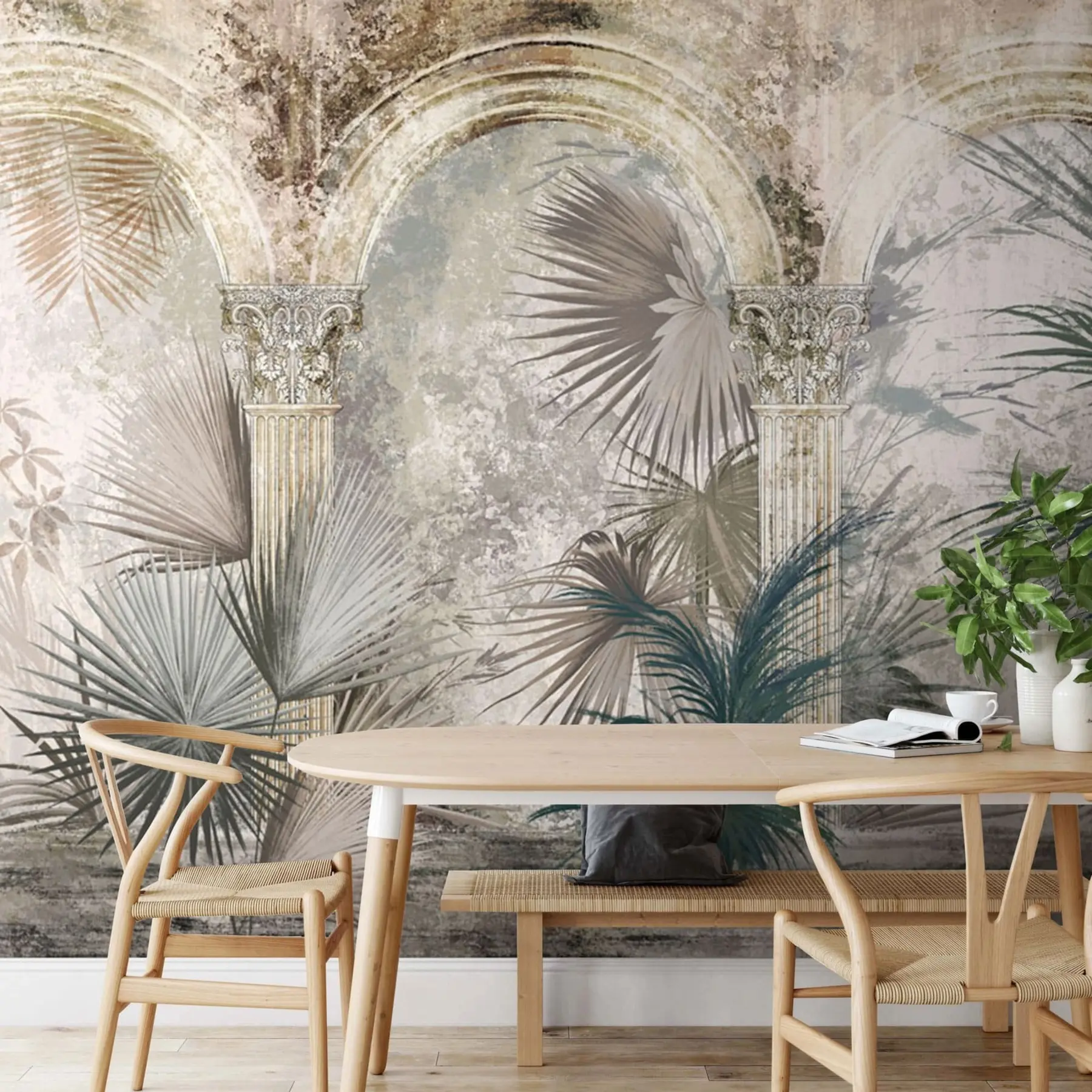 Fotobehang Tussen de zuilen staan tropische, exotische planten en bladeren u78667