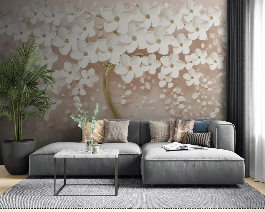 Fotobehang Bloeiende boom met grote bloemen in roze tinten u37065v3