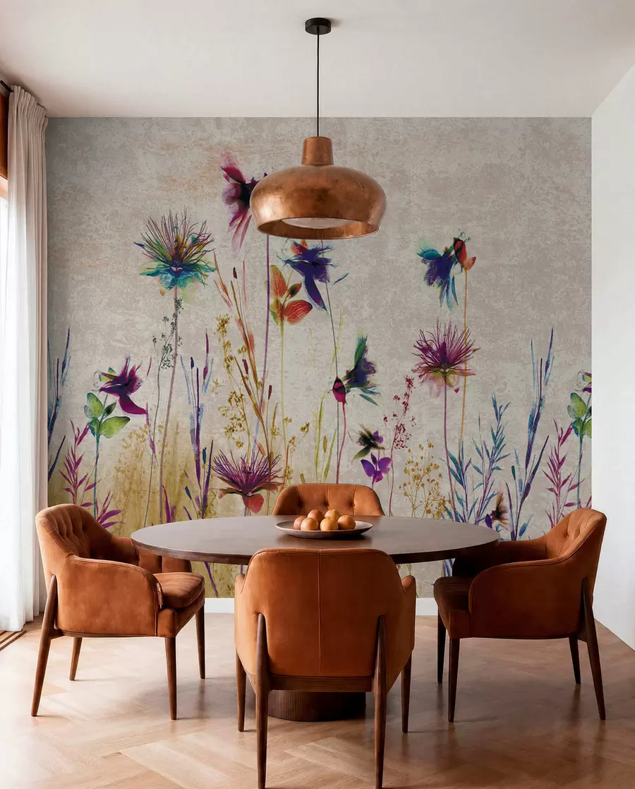 Fotobehang Ongewone hoge bloemen op een beige achtergrond u93672