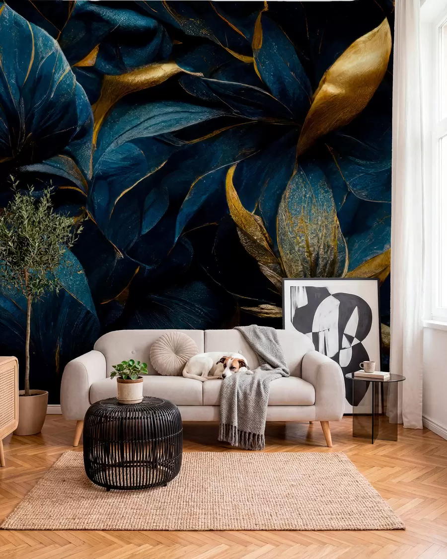 Fotobehang Blauwe bloemblaadjes met goud u74140