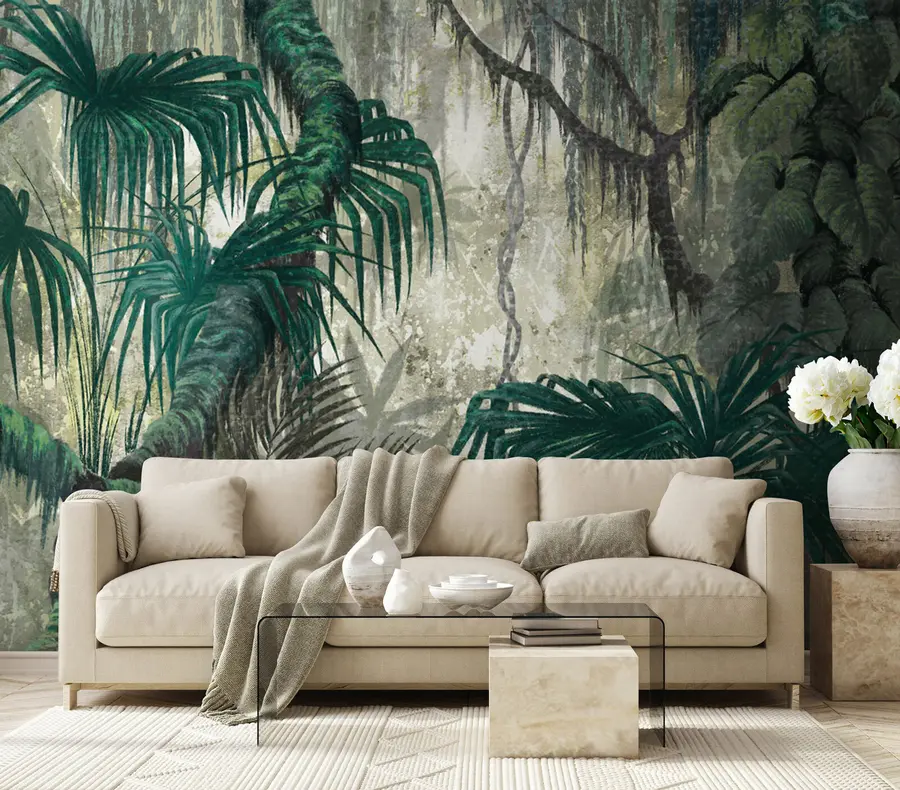 Fotobehang Tropische planten en bomen op een gestructureerde achtergrond u78695