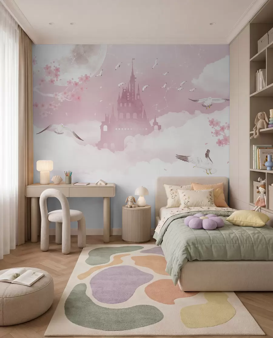 Fotobehang Kasteel tussen roze wolken u41232