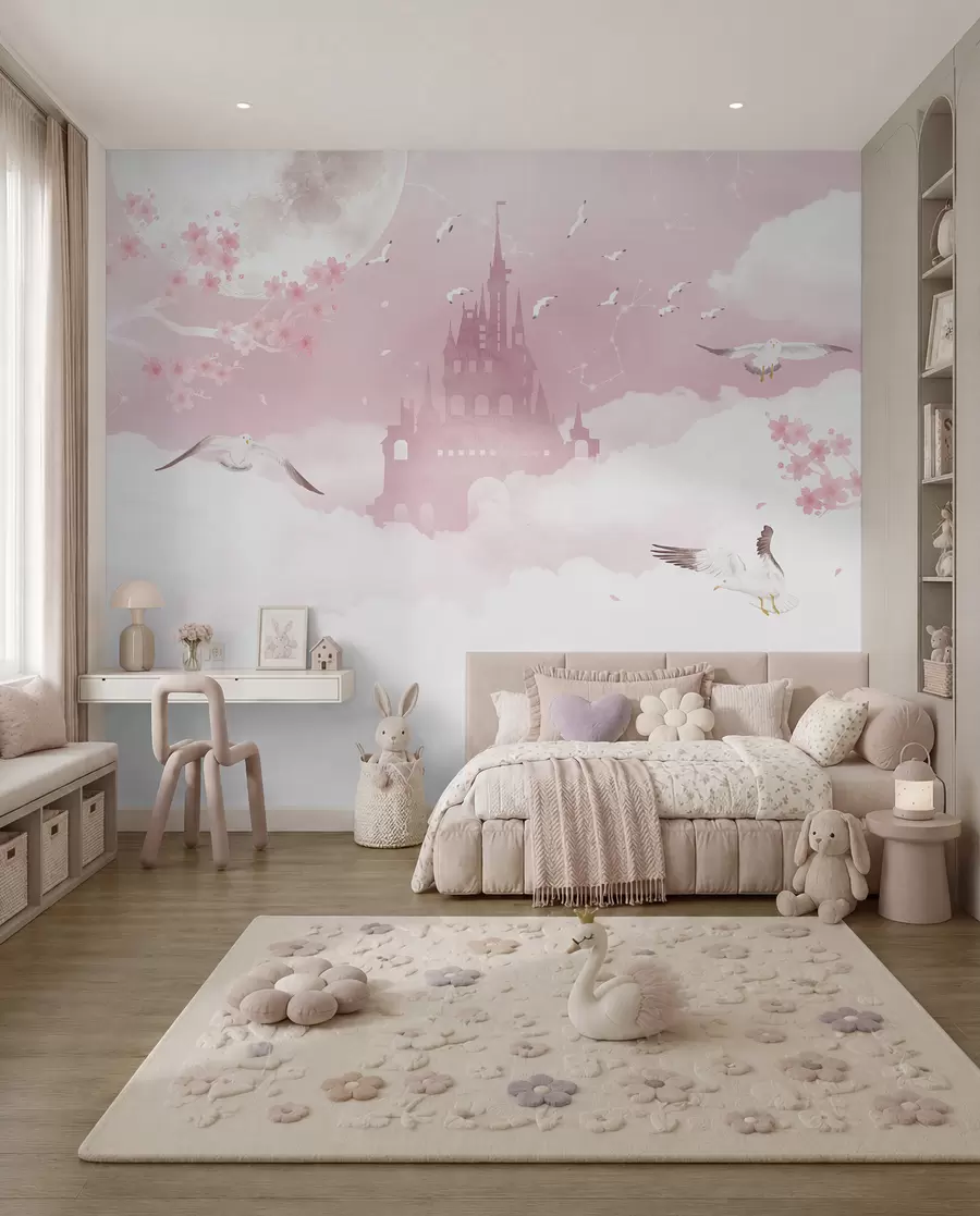 Fotobehang Kasteel tussen roze wolken u41232