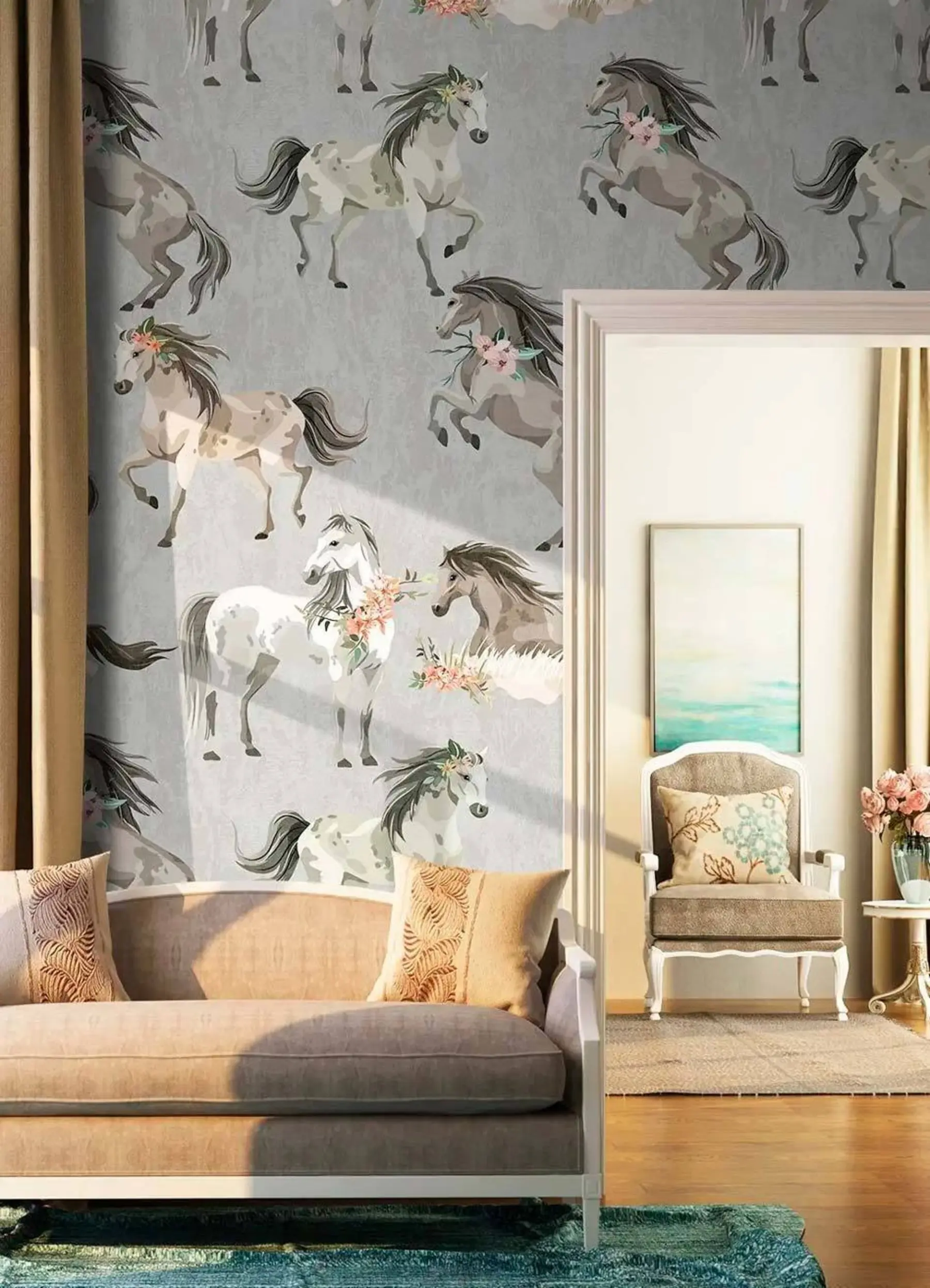 Fotobehang Patroon - paarden en bloemen u59511