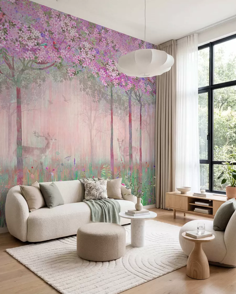 Fotobehang Hert in het roze bloesembos u62100v3