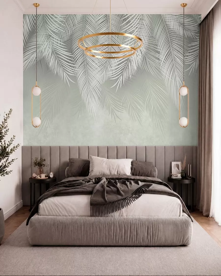 Fotobehang Witte palmen van takken op een groene achtergrond u74489
