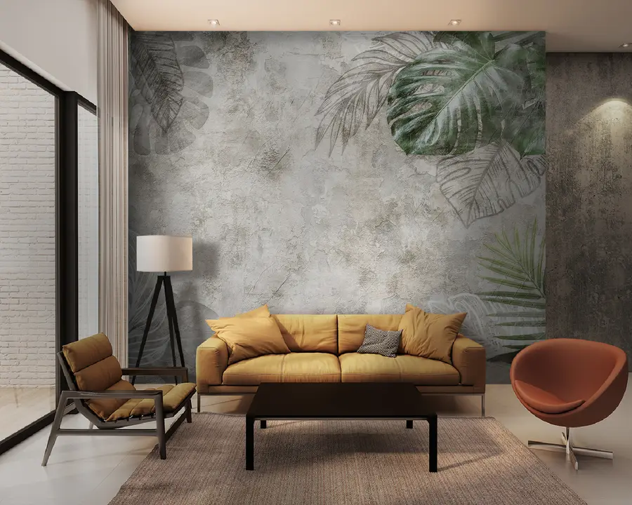 Fotobehang Tropische bladeren op een oude muur u93964