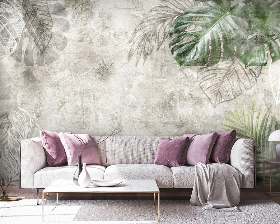 Fotobehang Tropische bladeren op een oude muur u93964
