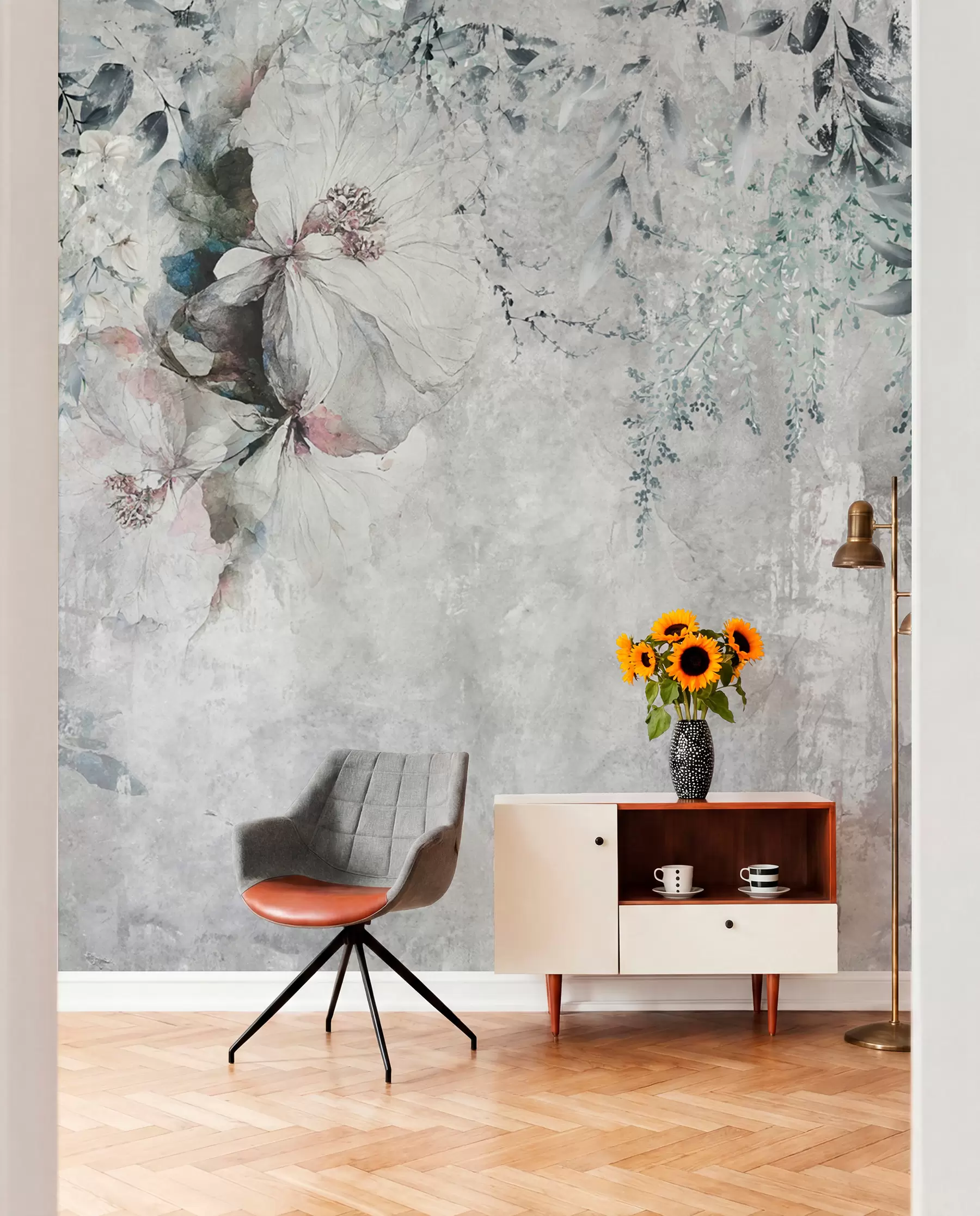 Fotobehang Bloesem op verweerd grijs u74746