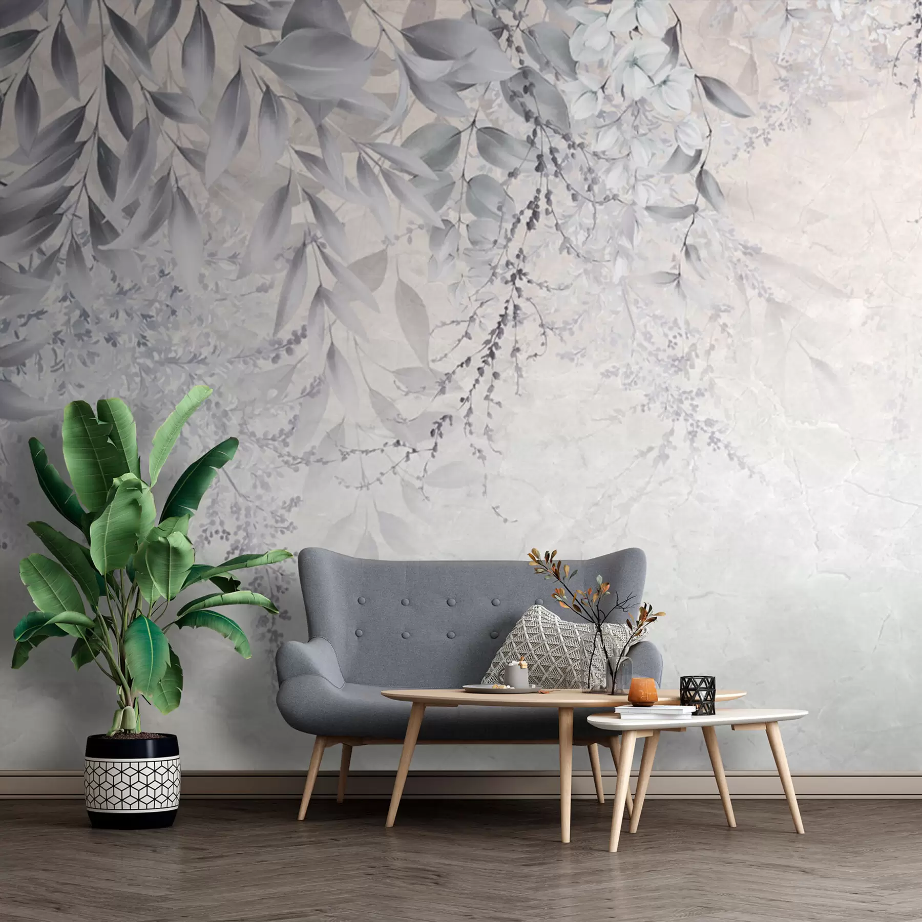 Fotobehang Grijze bladeren met bloemen u94228