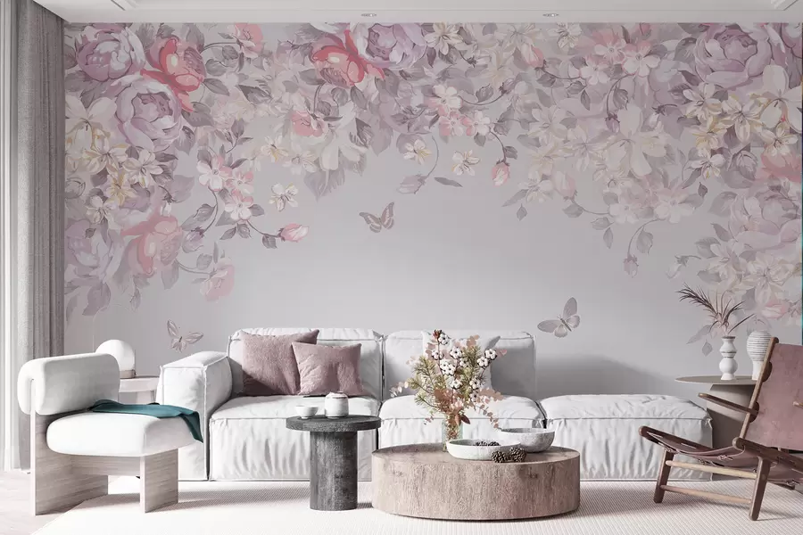 Fotobehang Een tickettuin met bloemen en vlinders u94295