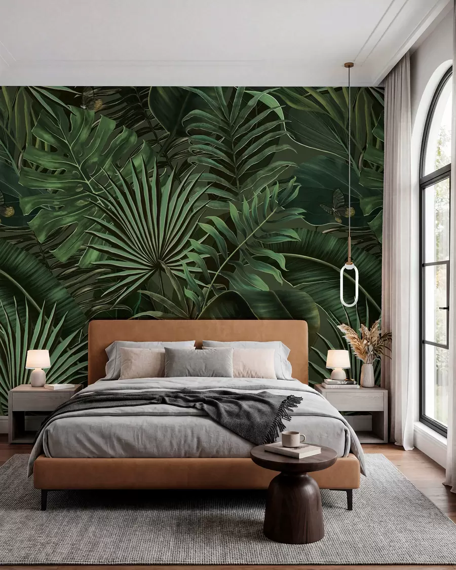 Fotobehang Tropisch patroon met tropische groene palm, bananenbladeren u94341