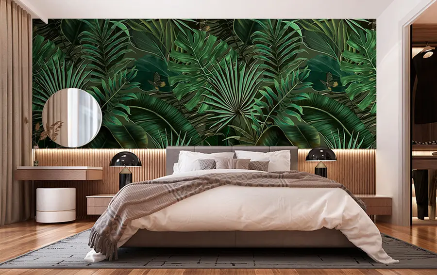 Fotobehang Tropisch patroon met tropische groene palm, bananenbladeren u94341