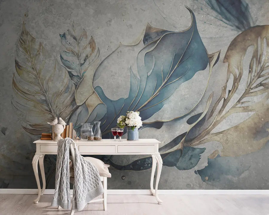 Fotobehang Grote aquarel bloemen op een betonnen muur u93998