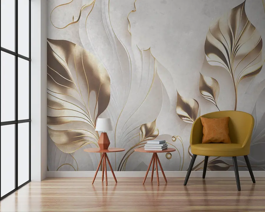 Fotobehang Gevoelige bladeren op een betonnen muur u94010