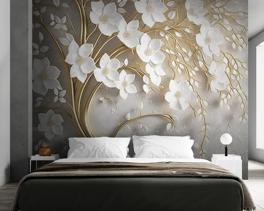 Fotobehang boom met witte bloemen u94015