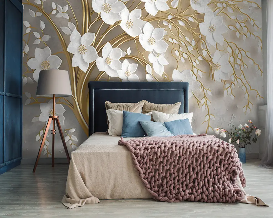 Fotobehang boom met witte bloemen u94015