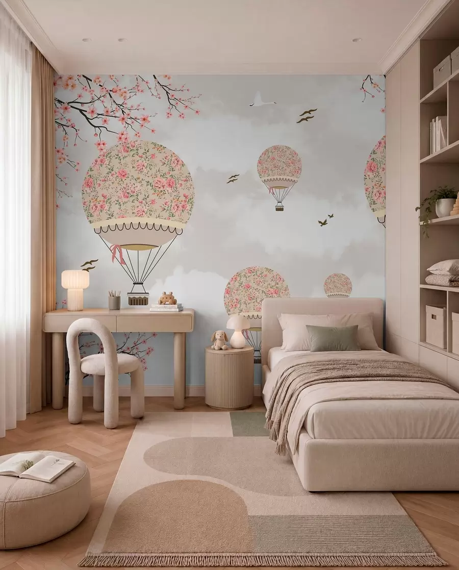 Fotobehang Ballonnen in bloemen en sakura takken u94445