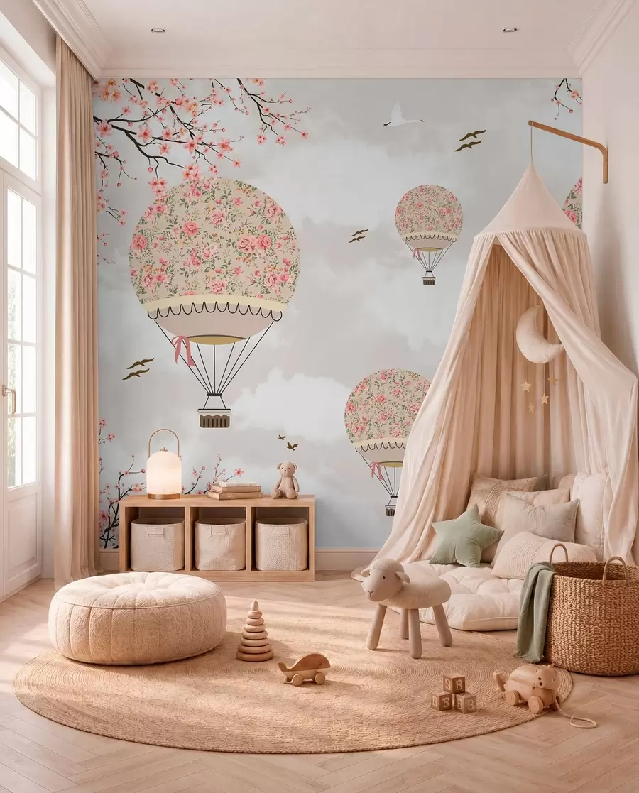 Fotobehang Ballonnen in bloemen en sakura takken u94445