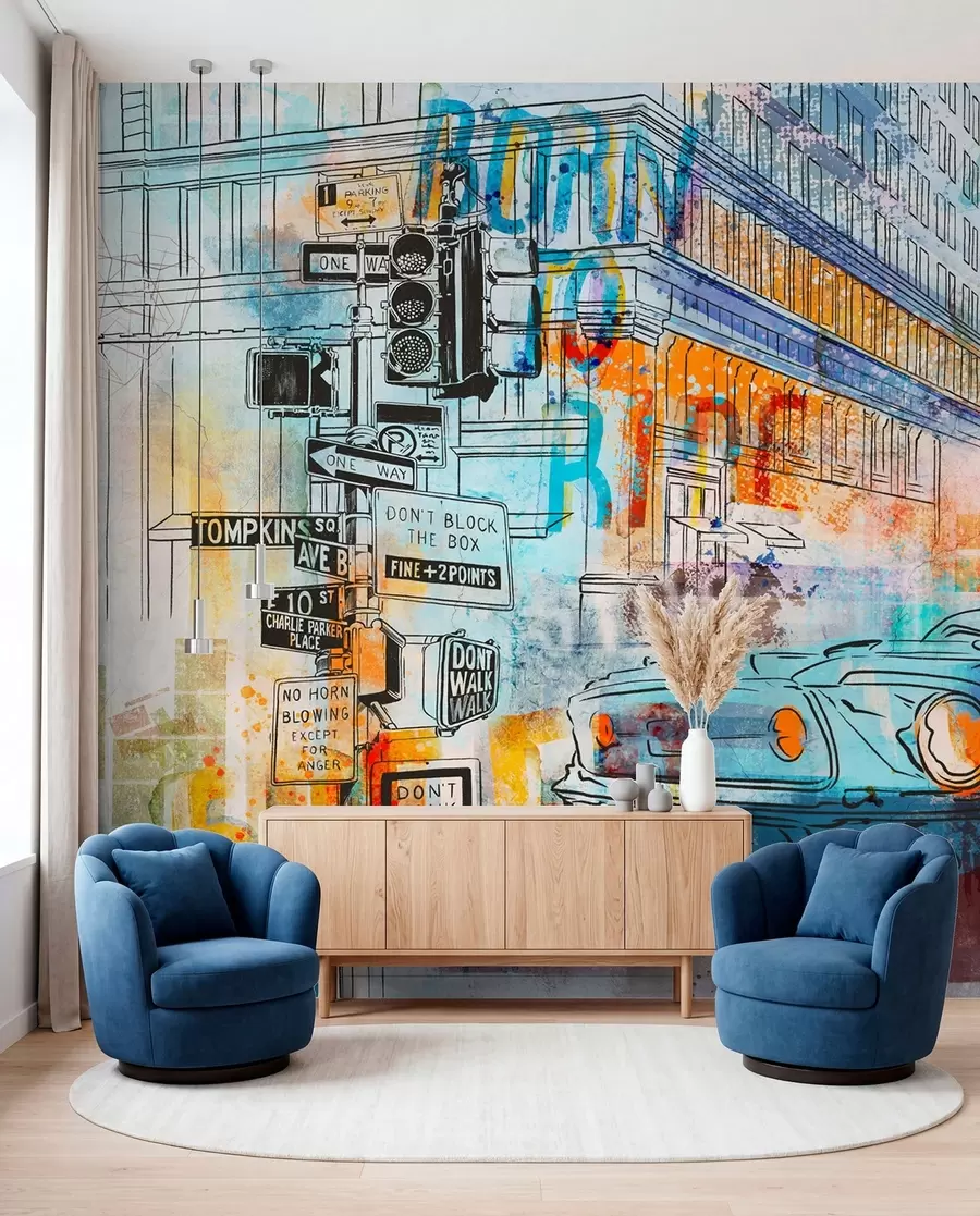 Fotobehang Blauwe auto in graffiti u75814