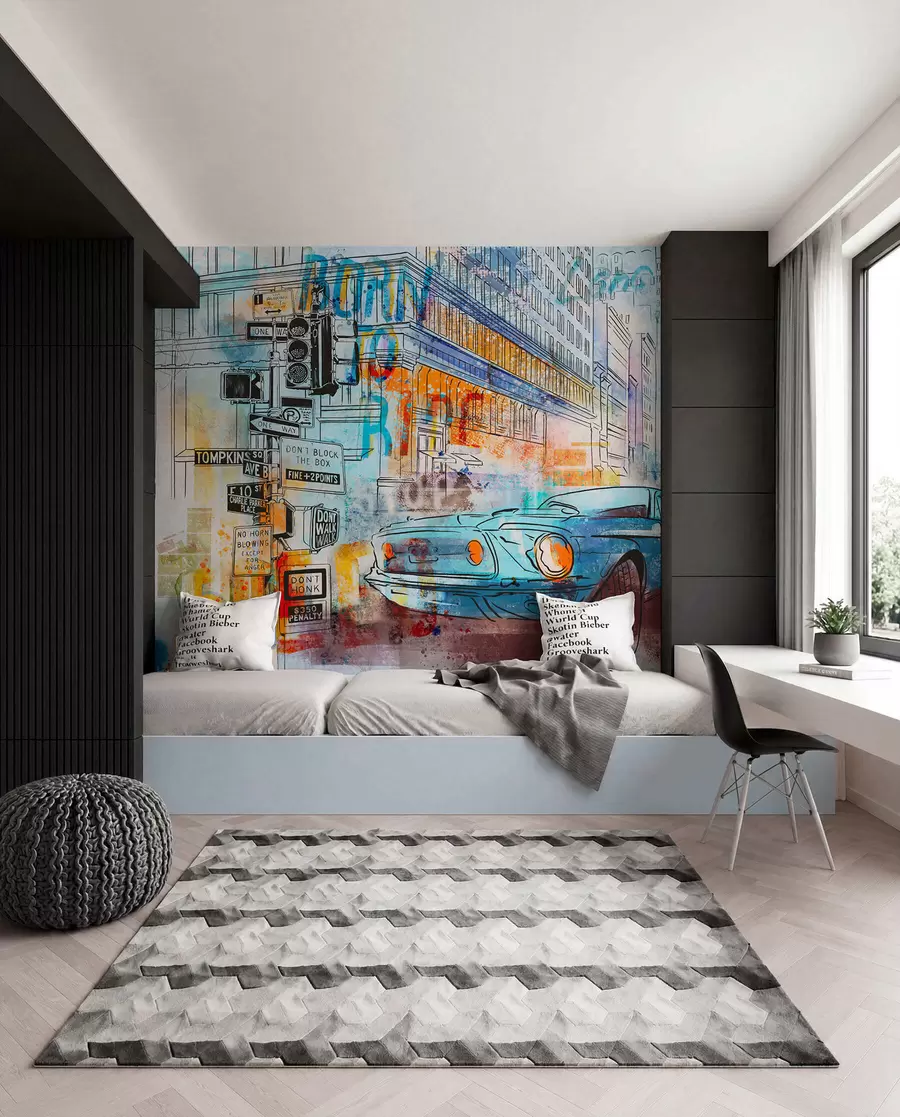 Fotobehang Blauwe auto in graffiti u75814