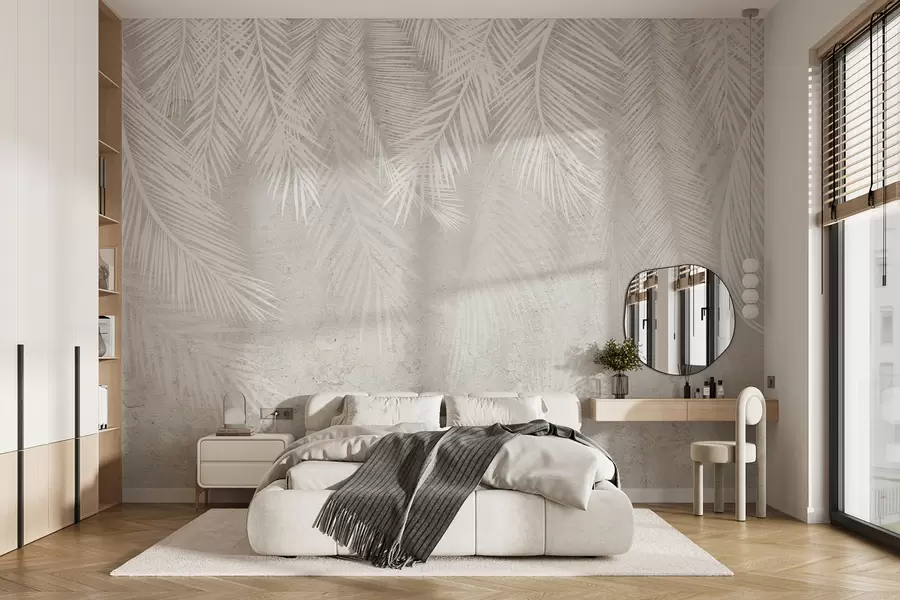 Fotobehang Witte fragiele palmbladeren met grungetextuur u94286