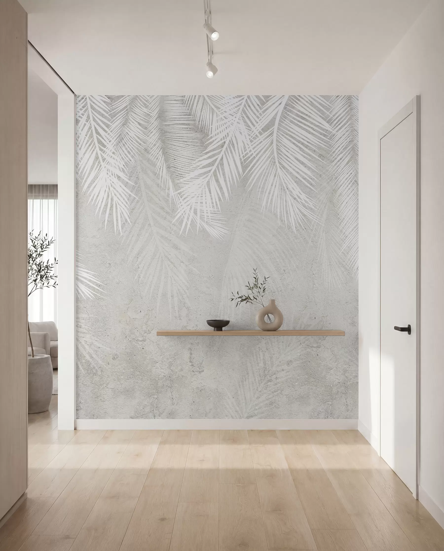 Fotobehang Witte fragiele palmbladeren met grungetextuur u94286