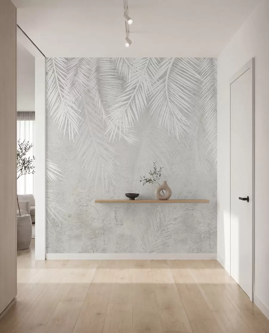 Fotobehang Witte fragiele palmbladeren met grungetextuur u94286
