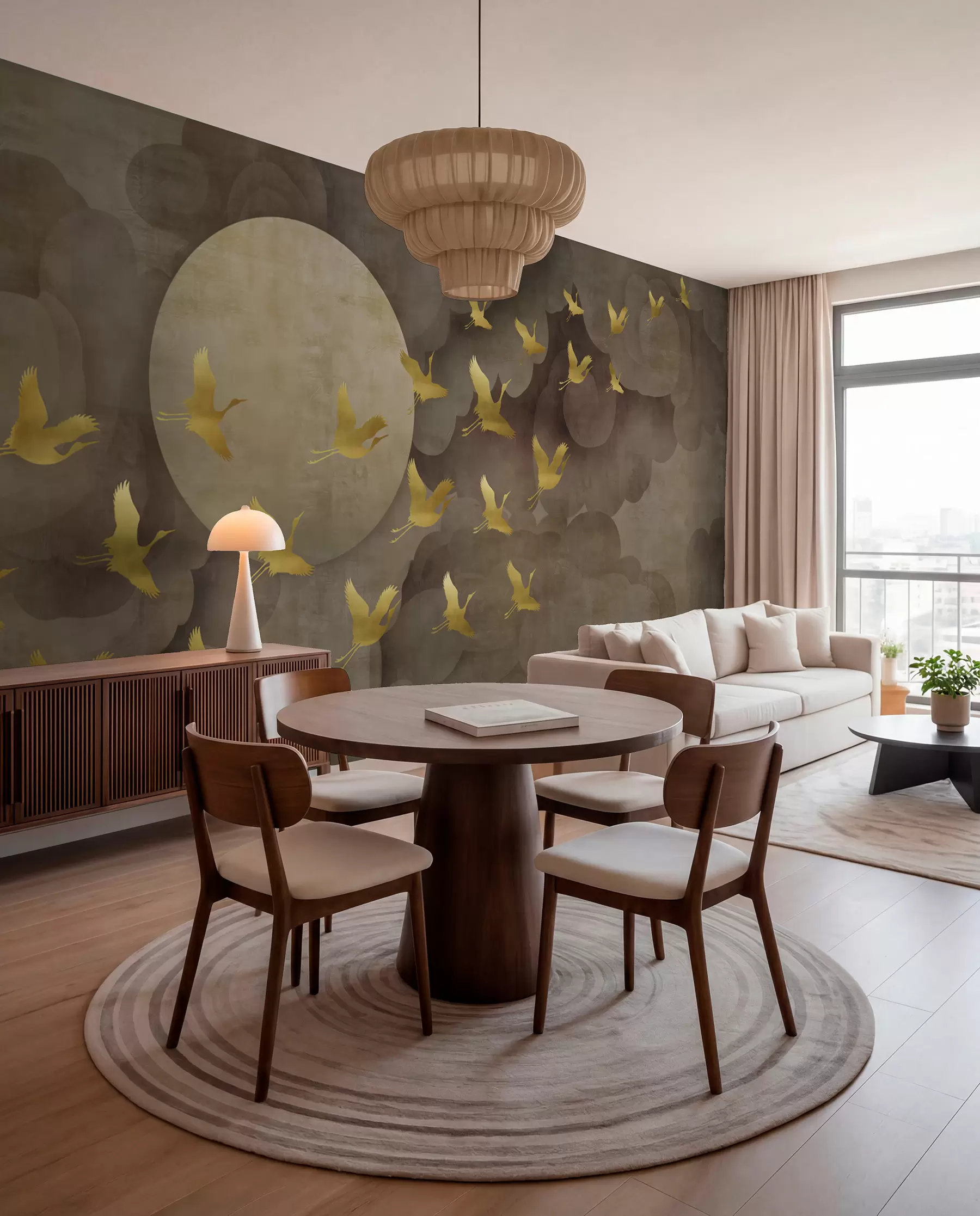 Fotobehang Vlucht van ooievaars, Chinese stijl u00554