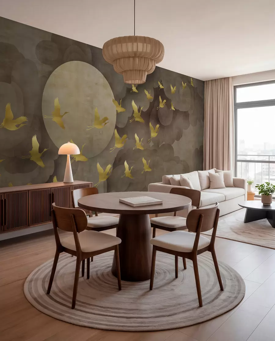 Fotobehang Vlucht van ooievaars, Chinese stijl u00554