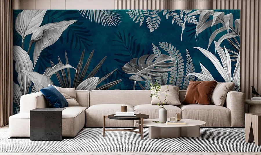 Fotobehang Tropische bladeren op blauwe achtergrond in grungestijl u94419