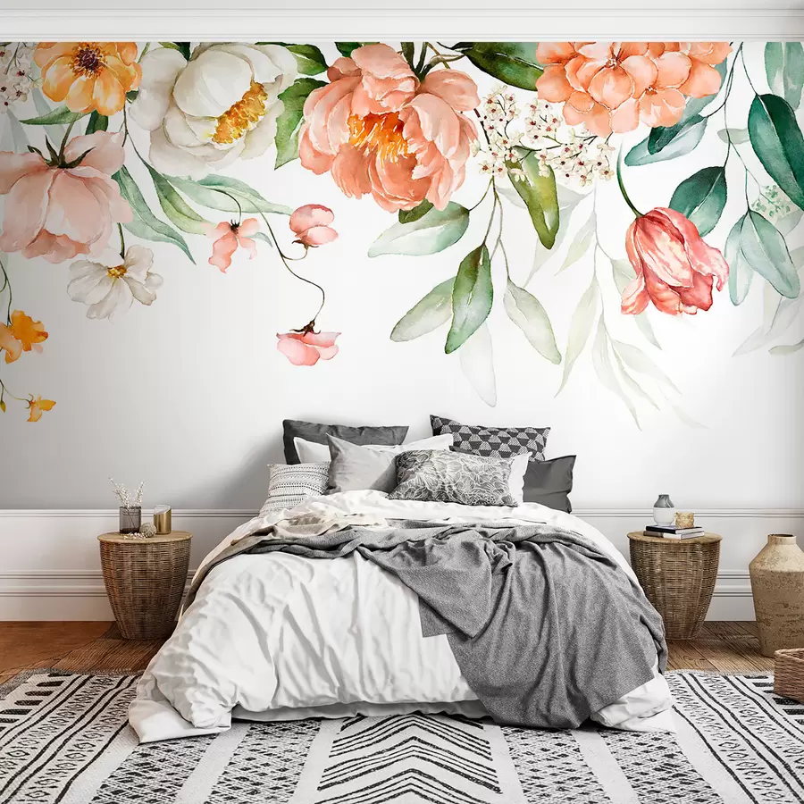 Fotobehang Boeketrand - groene bladeren en blozen roze bloemen op witte achtergrond u94427