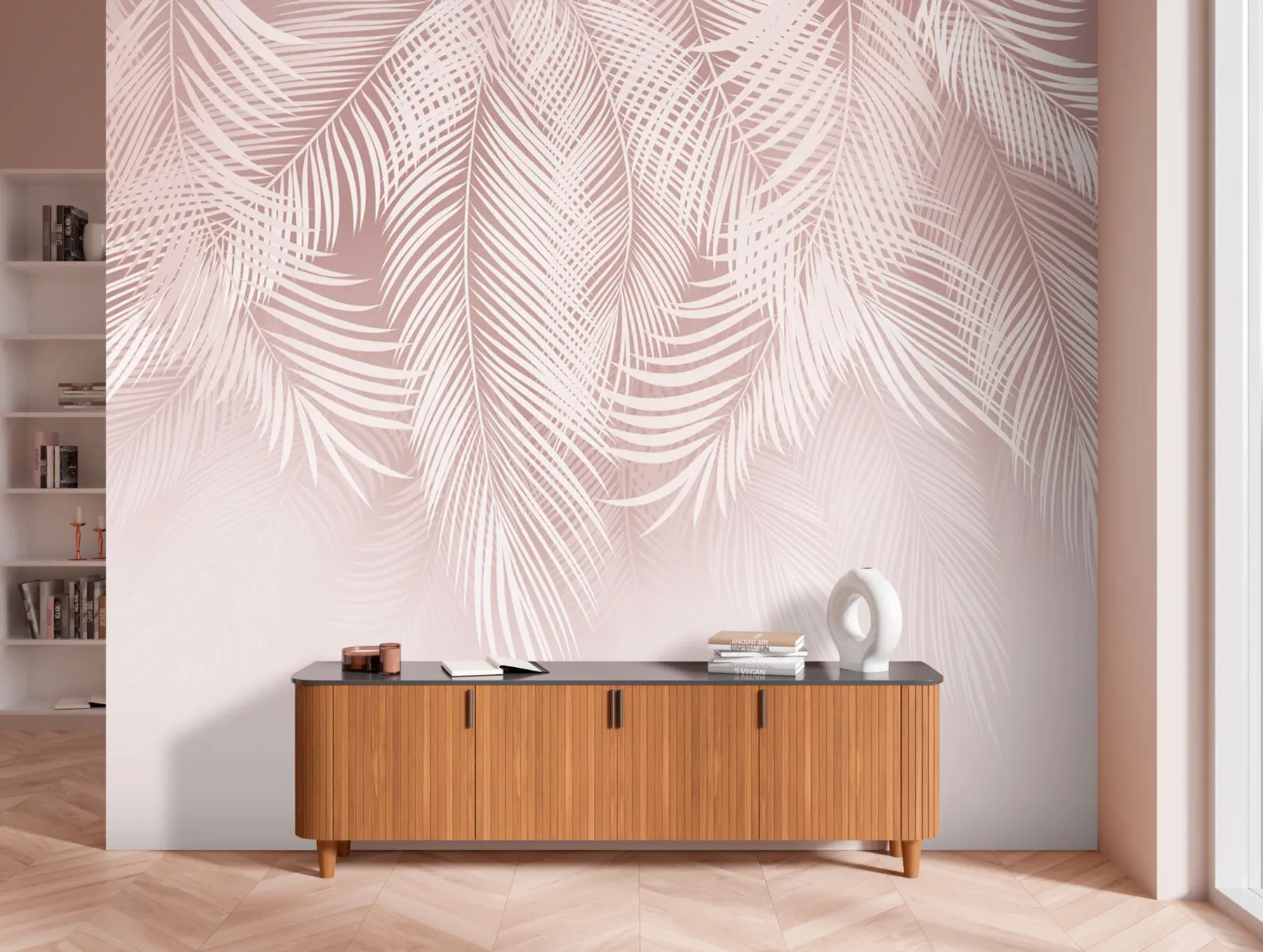 Fotobehang Palmbladeren van fragiele roze kleur u94360