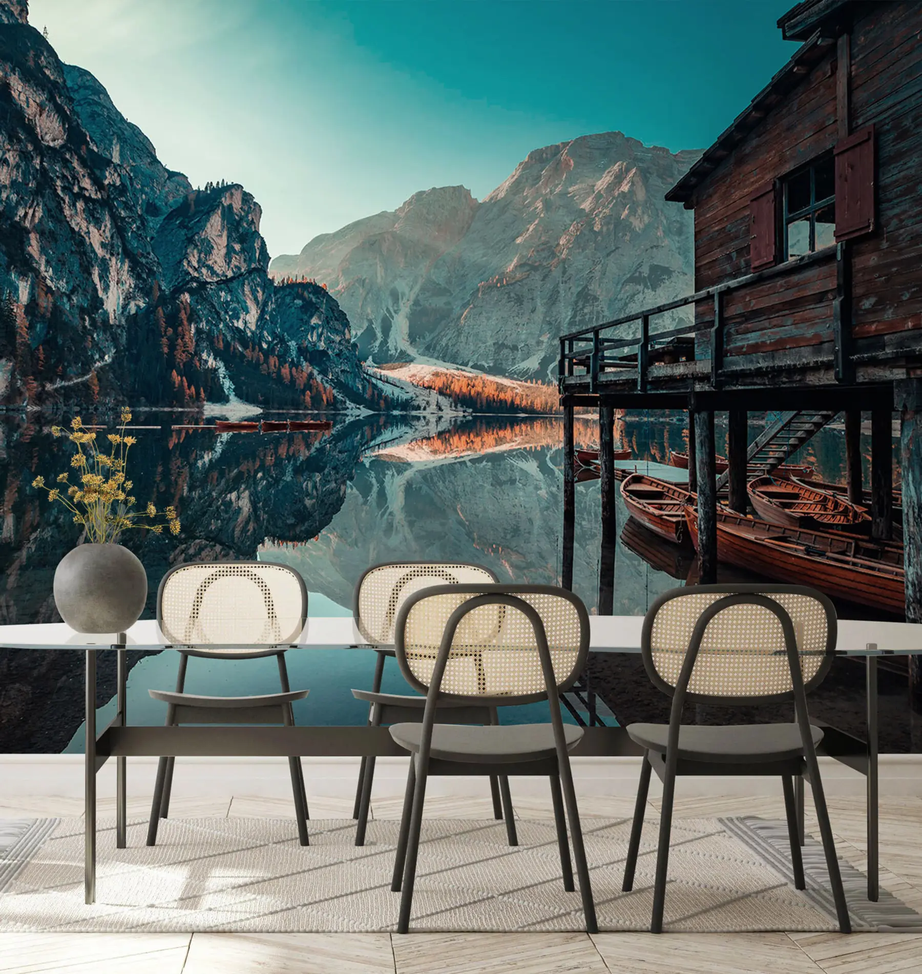 Fotobehang Boten op het meer van Braies u94781