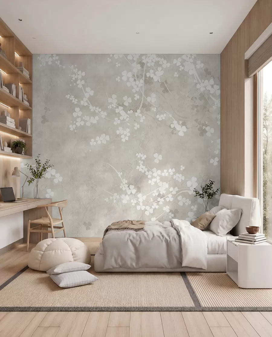 Fotobehang Witte breekbare takjes en bloemen u94458