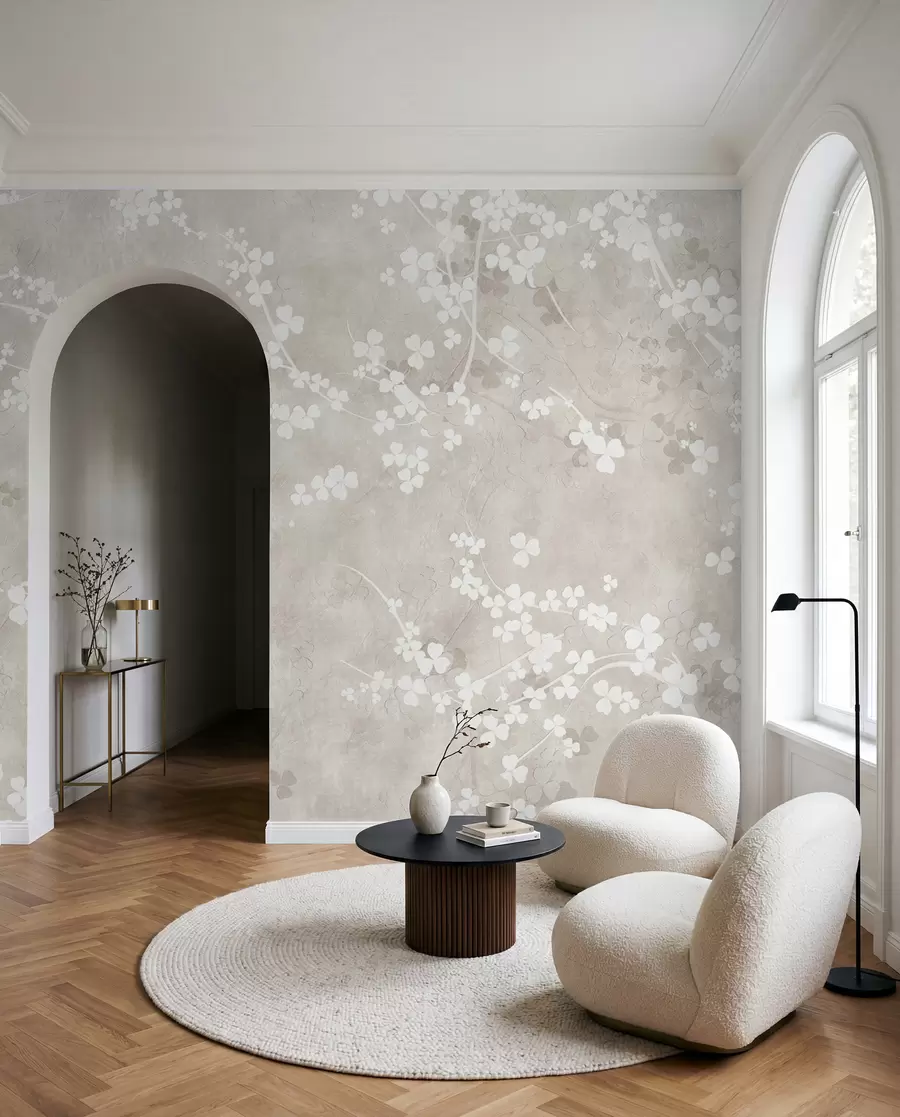 Fotobehang Fijne takken met witte bloesem u94458
