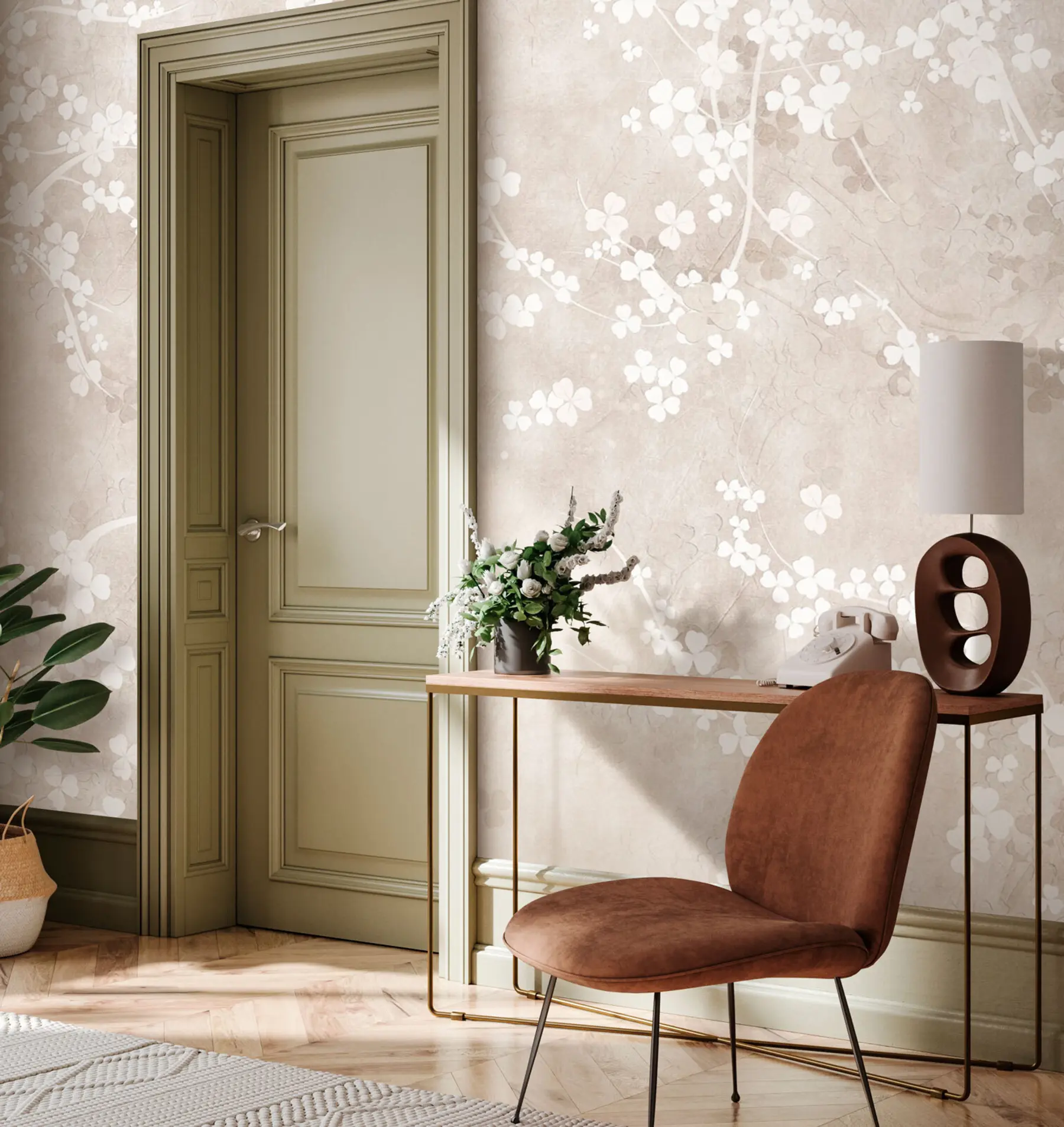 Fotobehang Witte breekbare takjes en bloemen u94458