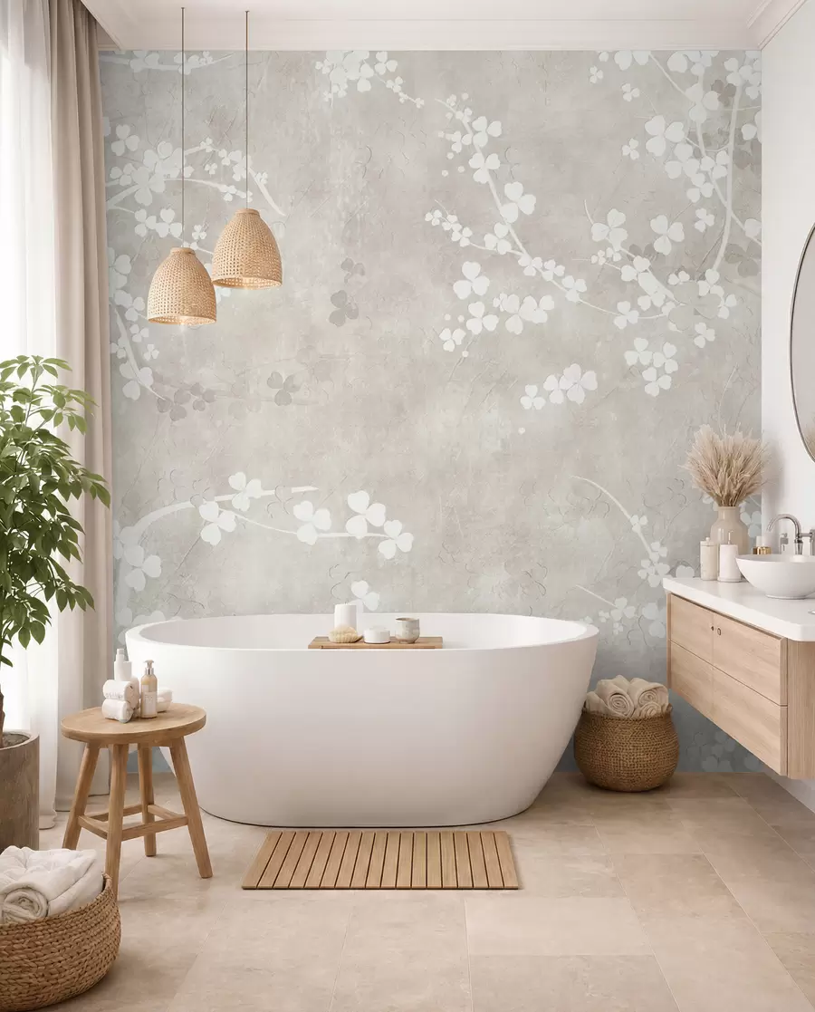 Fotobehang Witte breekbare takjes en bloemen u94458