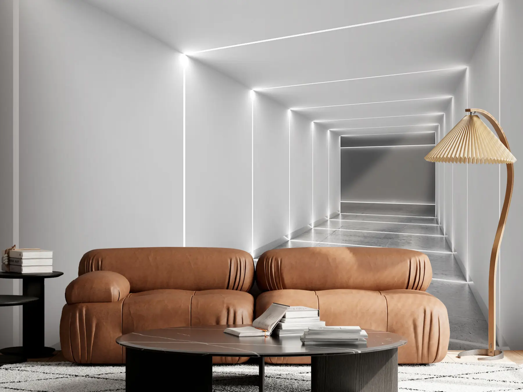 Fotobehang Witte tunnel met gepolijste betonnen vloer u95075