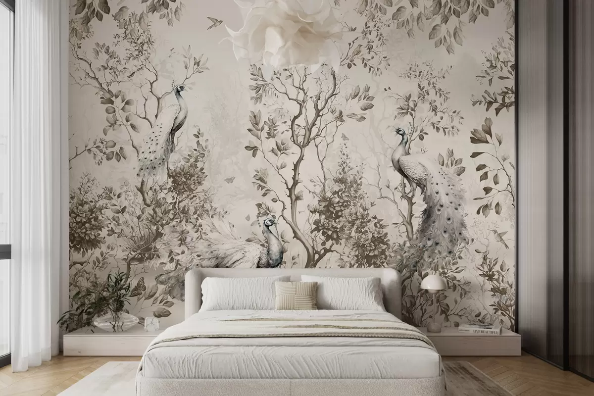 Fotobehang Een tuin met fragiele vogels, pauwen u94850