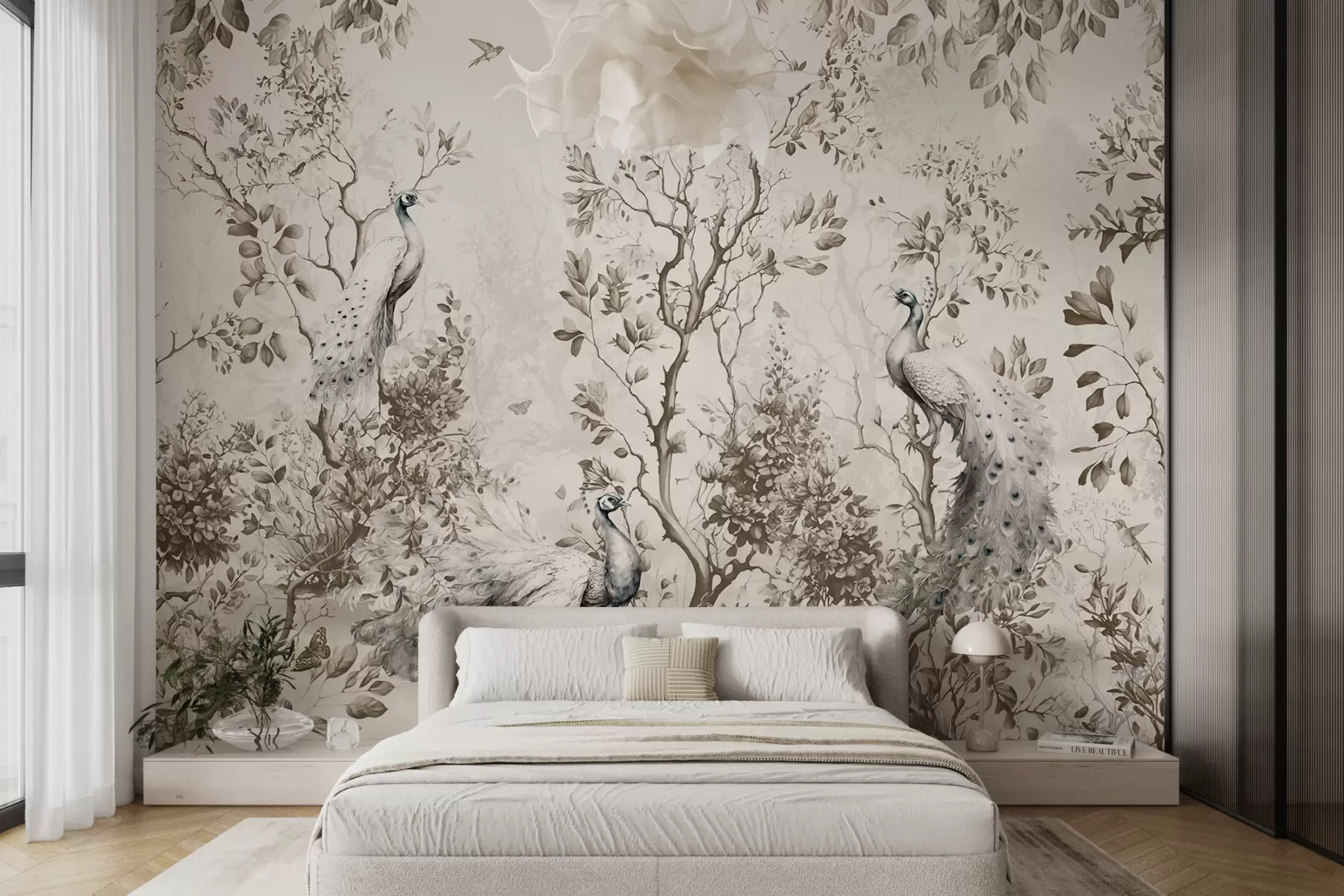 Fotobehang Een tuin met fragiele vogels, pauwen u94850