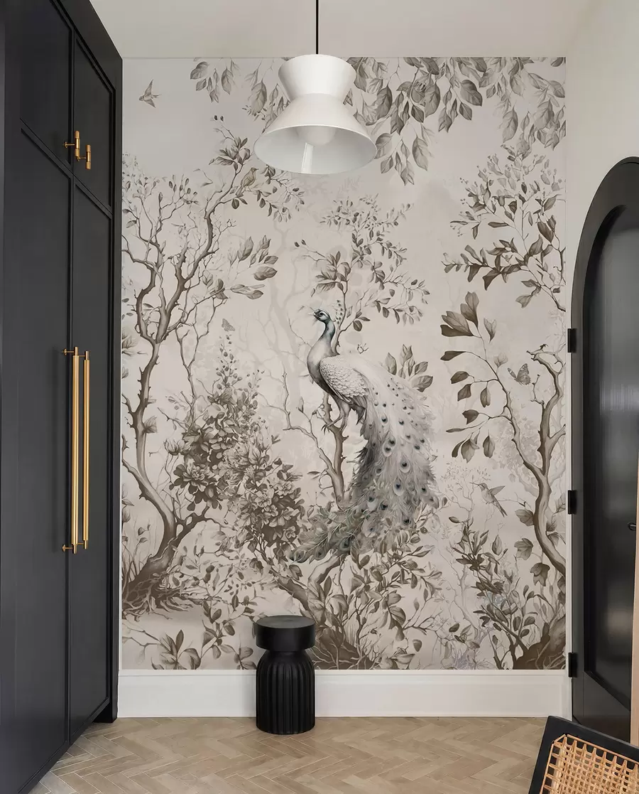 Fotobehang Een tuin met fragiele vogels, pauwen u94850