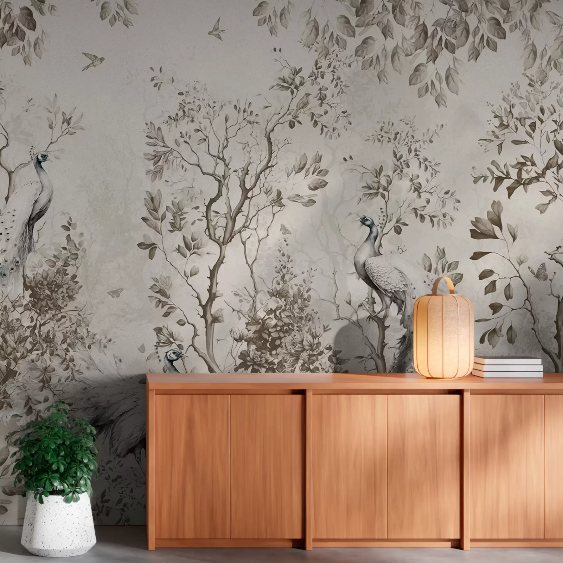 Fotobehang Een tuin met fragiele vogels, pauwen u94850