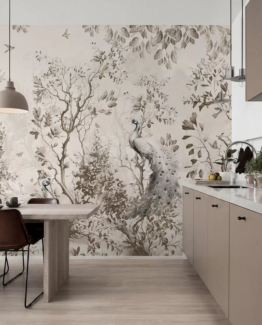 Fotobehang Een tuin met fragiele vogels, pauwen u94850