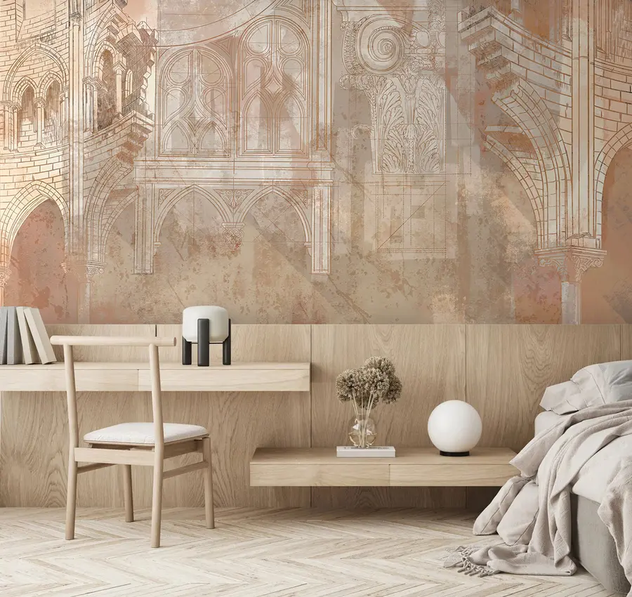 Fotobehang Architecturale kunsttekening van kolommen en monogram u95126