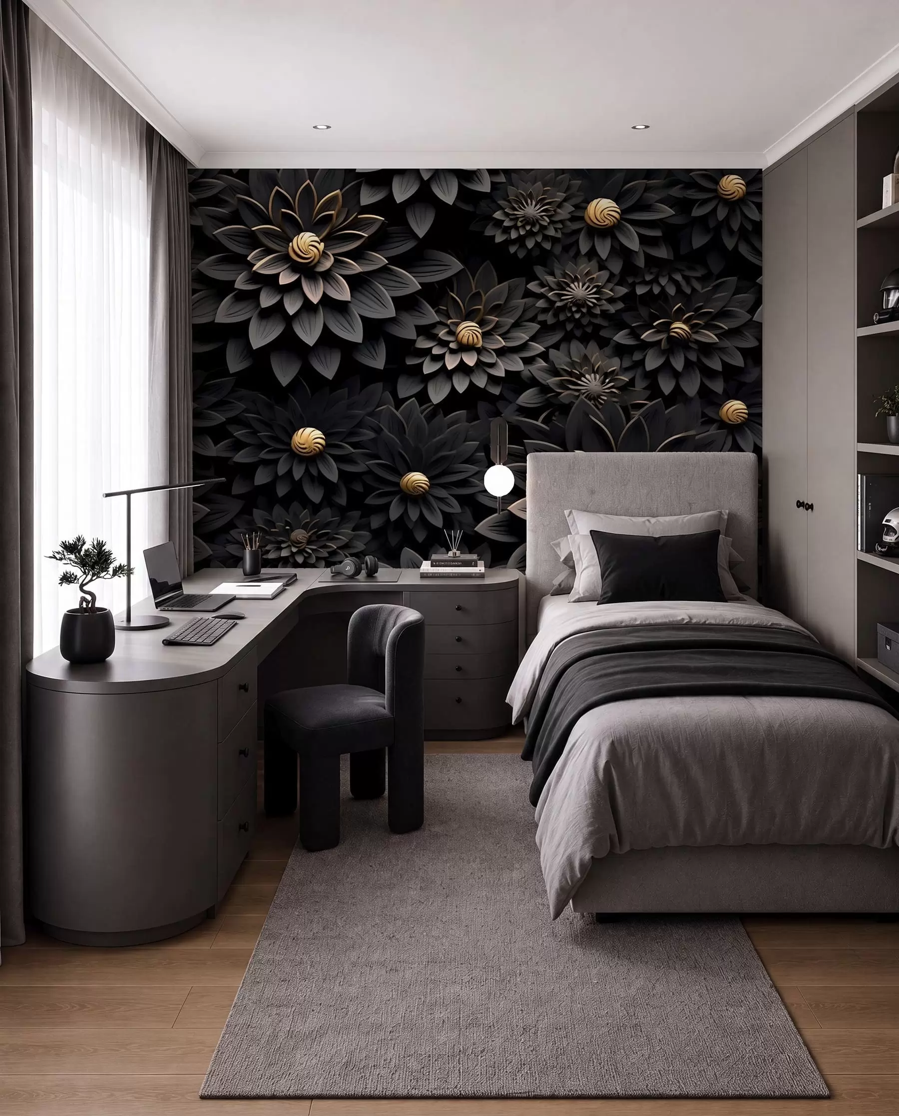 Fotobehang Zwarte bloemen met 3D-effect u95249