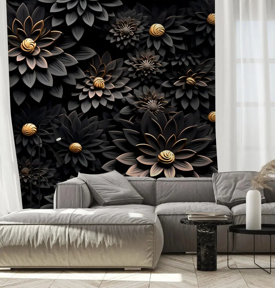 Fotobehang Zwarte bloemen met 3D-effect u95249